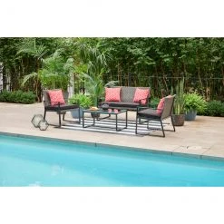 Allen + Roth Ainsley 4-Piece Steel Frame Patio Conversation Set with Niuchen Fabric Cushions - Red and Black -STYLE SELECTIONS Sales 20235174d L